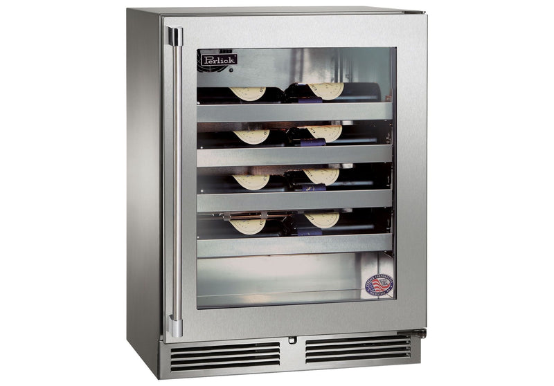 Perlick Signature Series 24" Outdoor Built-In Single Zone Wine Cooler with 20 Bottle Capacity in Stainless Steel with Glass Door (HH24WO-4-3L & HH24WO-4-3R)